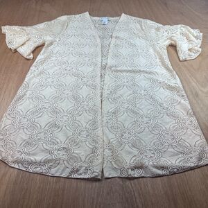 Stitchworks Lace Cardigan Womens 1X Beige Floral Open Front Boho Cottagecore